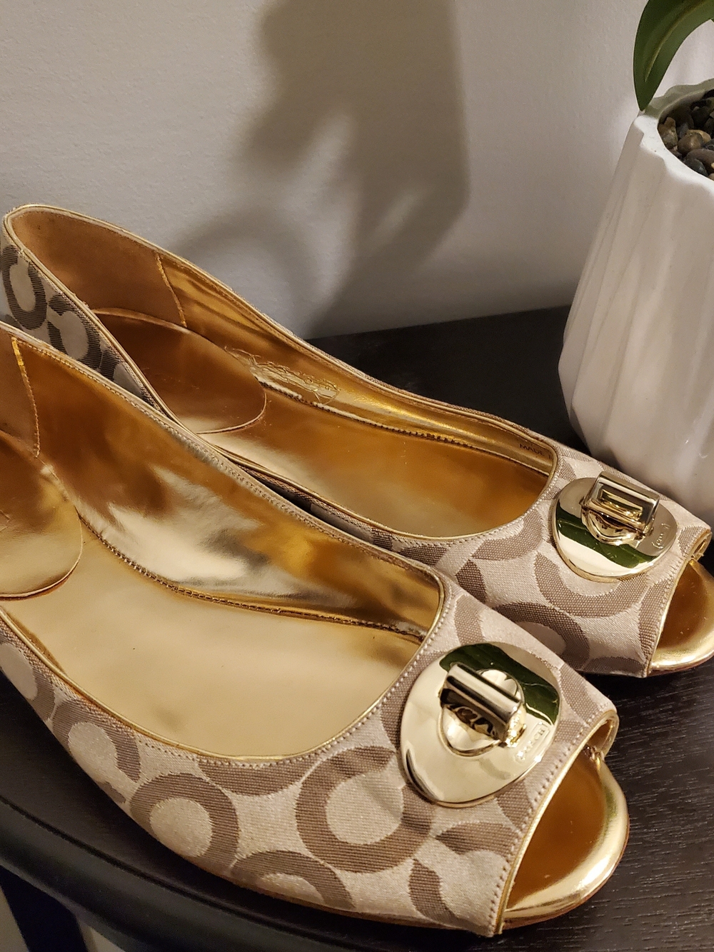 Coach Beige Signature Peep-Toe Flats with Gold Hardware - Picture 2 of 5